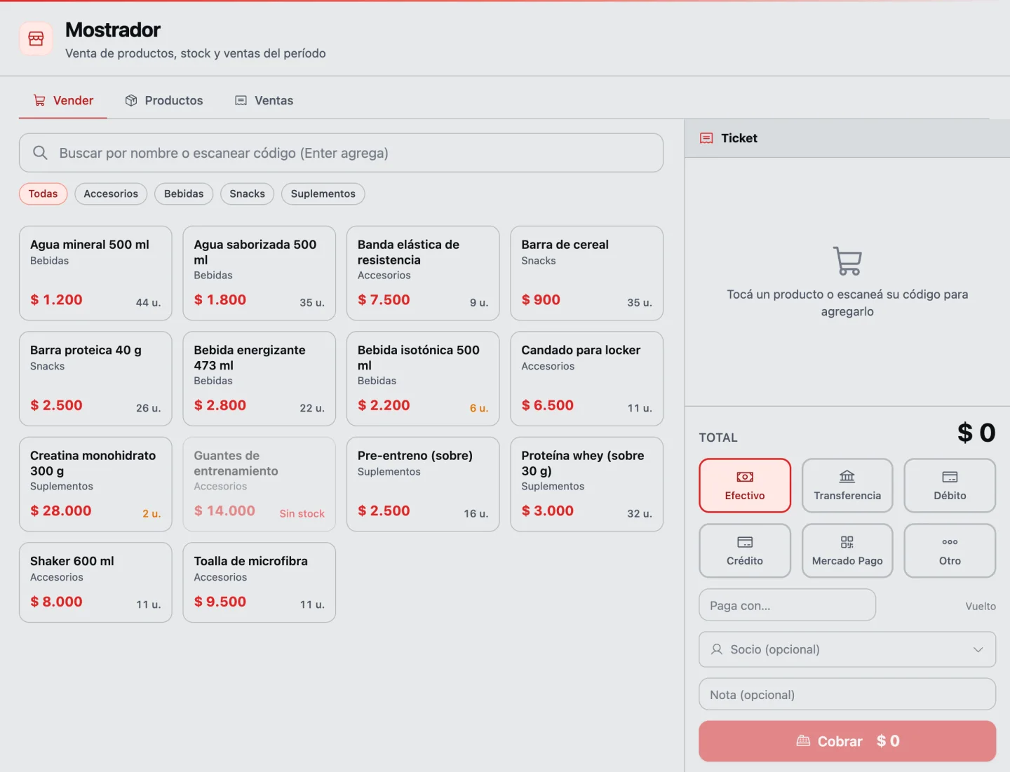 El mostrador en la pestaña Vender: el buscador para escanear un código, los productos con su precio y su stock, uno sin stock, y al costado el ticket vacío con el total y los medios de pago: efectivo, transferencia, débito, crédito y Mercado Pago.